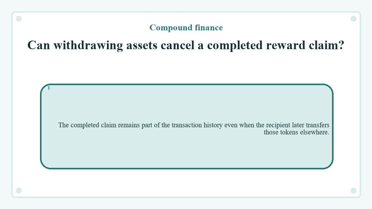 Can withdrawing assets cancel a completed reward claim?: The completed claim remains part of the transaction history even when the recipient later transfers those tokens elsewhere.